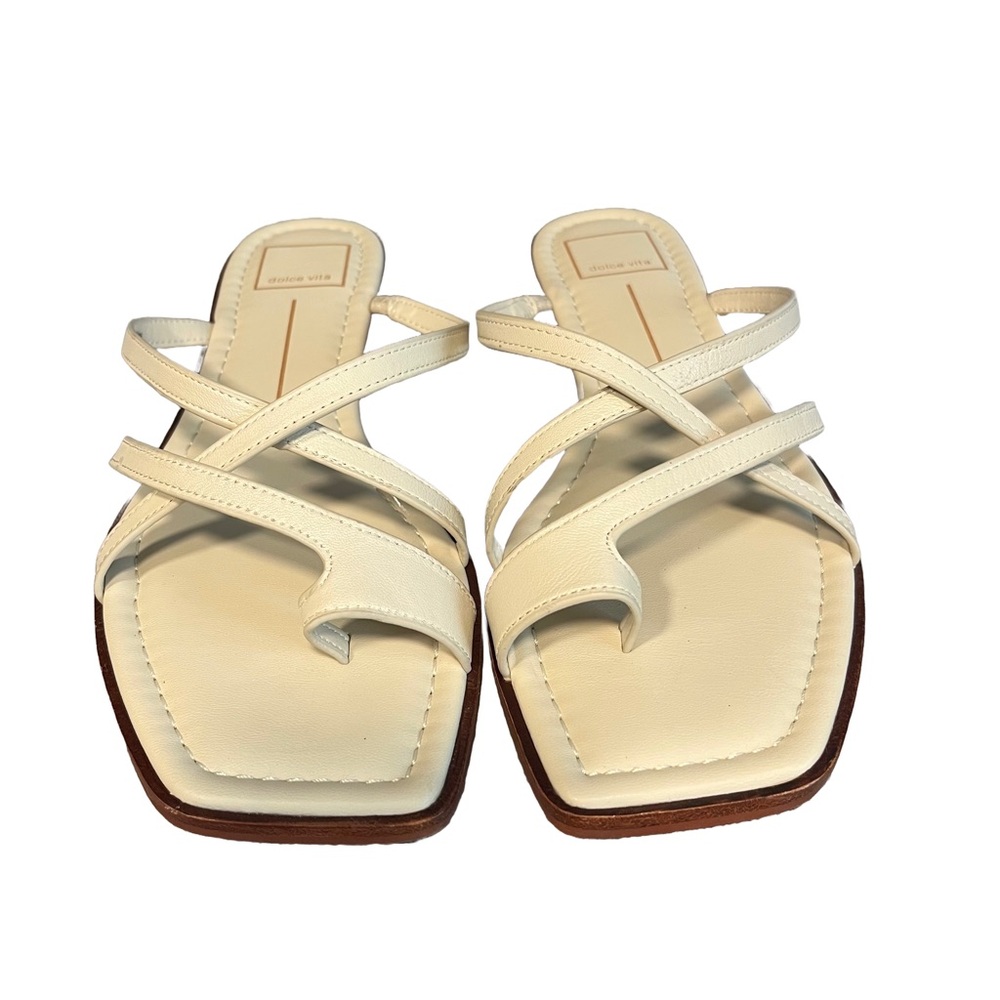 NEW Dolce Vita Strappy Toe Loop Ivory Slide Flat Leather Sandal 9.5 Bone Cream - Picture 2 of 6